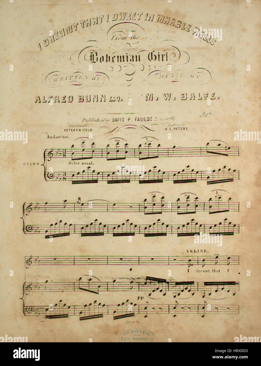 Sheet music cover image of the song 'I Dreamt That I Dwelt in Marble Halls From The Bohemian Girl', with original authorship notes reading 'Written by Alfred Bunn, Esq Music by MW Balfe', 1900. The publisher is listed as 'David P. Faulds', the form of composition is 'strophic', the instrumentation is 'piano and voice', the first line reads 'I dreamt that I dwelt in marble halls, with vassals and serfs at my side', and the illustration artist is listed as 'Webb'. Stock Photo