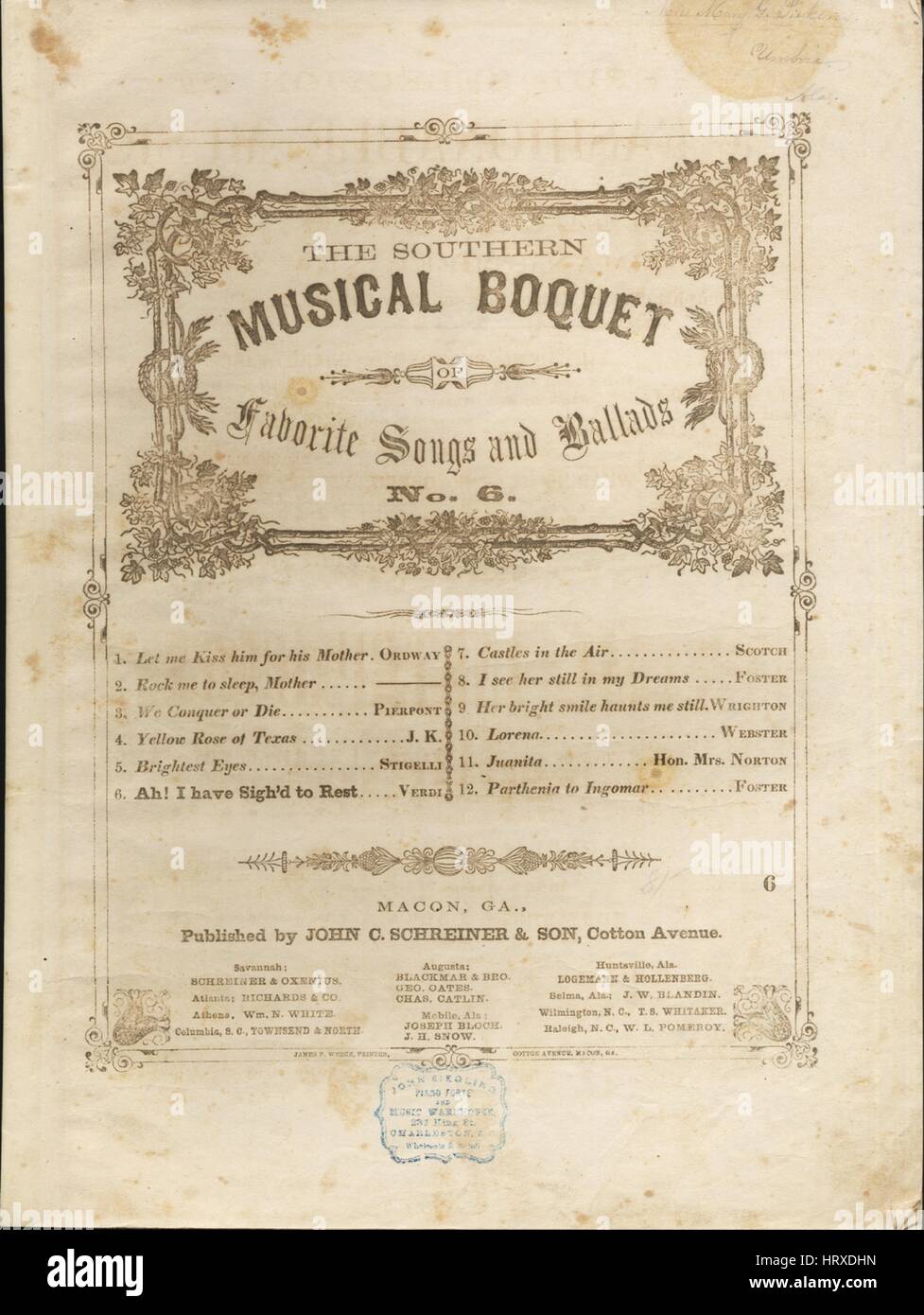 Sheet music cover image of the song 'The Southern Musical Boquet [sic