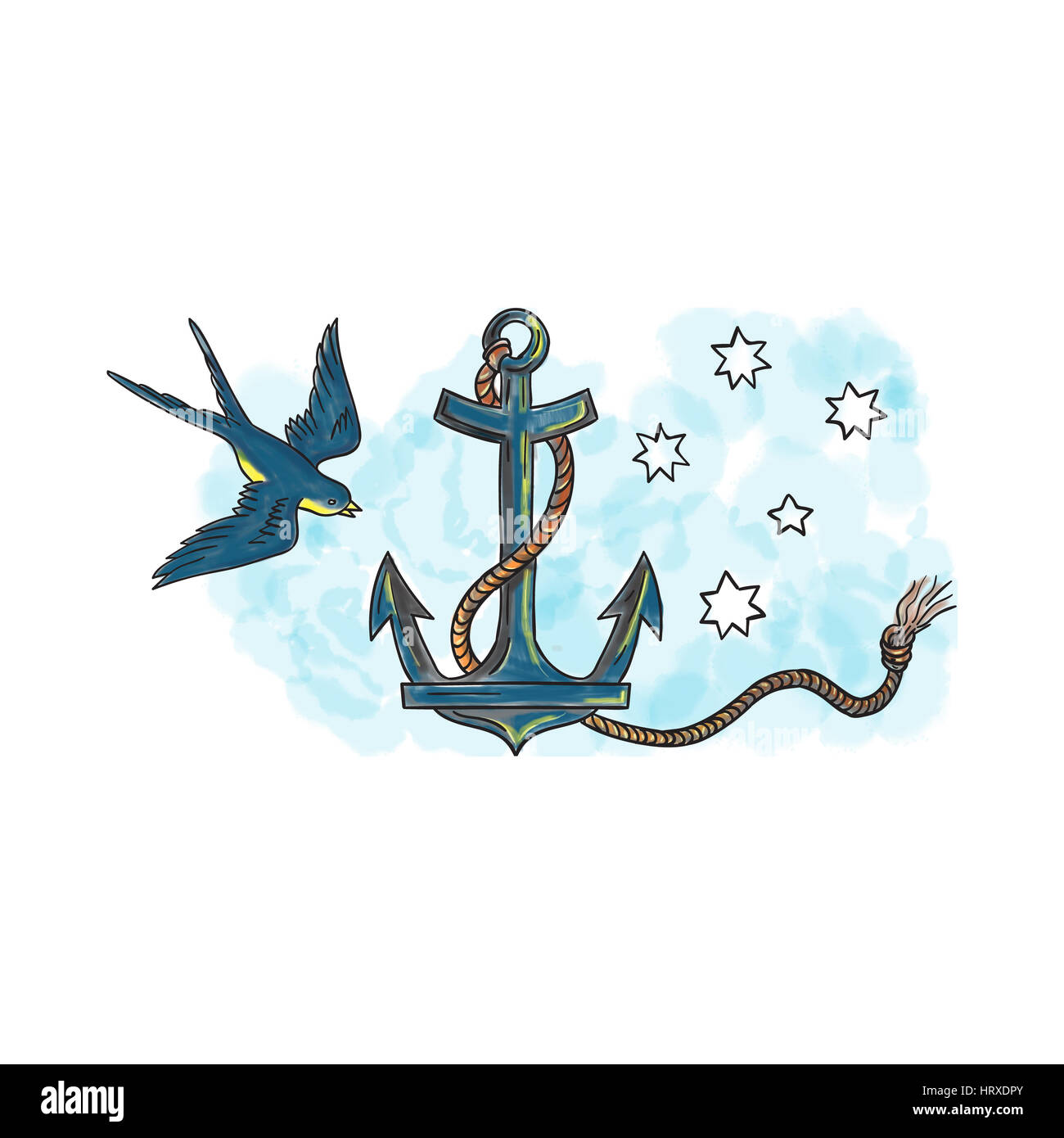 Tattoo style illustration of an anchor, a device, made of metal, used to connect a vessel to sea bed to prevent the craft from drifting, with coiled r Stock Photo