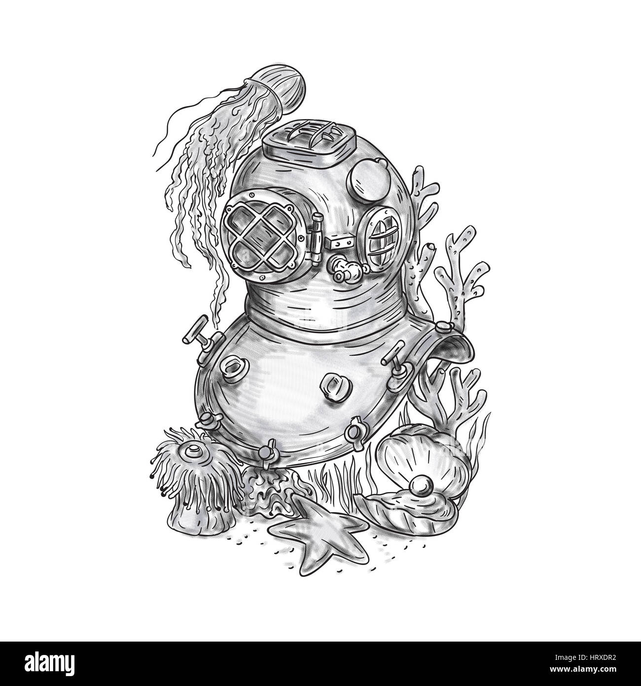 Tattoo style illustration of a copper and brass old school deep sea dive diving helmet or Standard diving helmet (Copper hat), worn mainly by professi Stock Photo