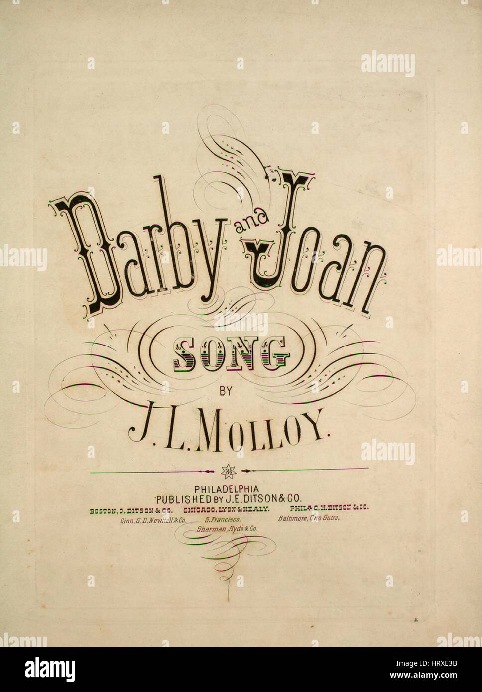 Sheet music cover image of the song 'Darby and Joan Song', with original authorship notes reading 'by JL Molloy', United States, 1900. The publisher is listed as 'J.E. Ditson and Co.', the form of composition is 'sectional', the instrumentation is 'piano and voice', the first line reads 'Darby dear, we are old and gray, fifty years since our wedding day', and the illustration artist is listed as 'None'. Stock Photo