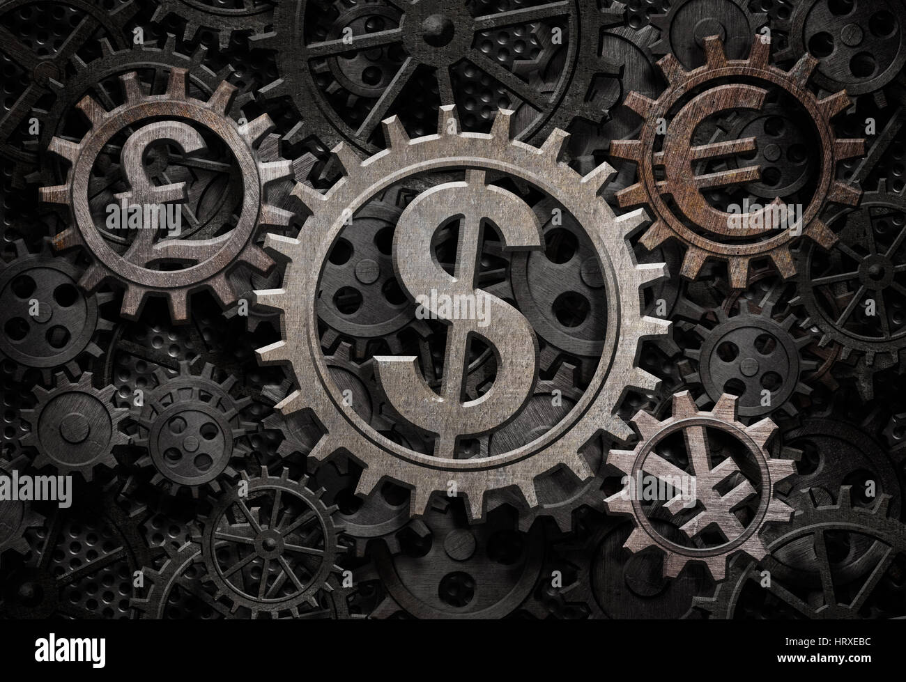 main currencies working and rotating gears 3d illustration Stock Photo