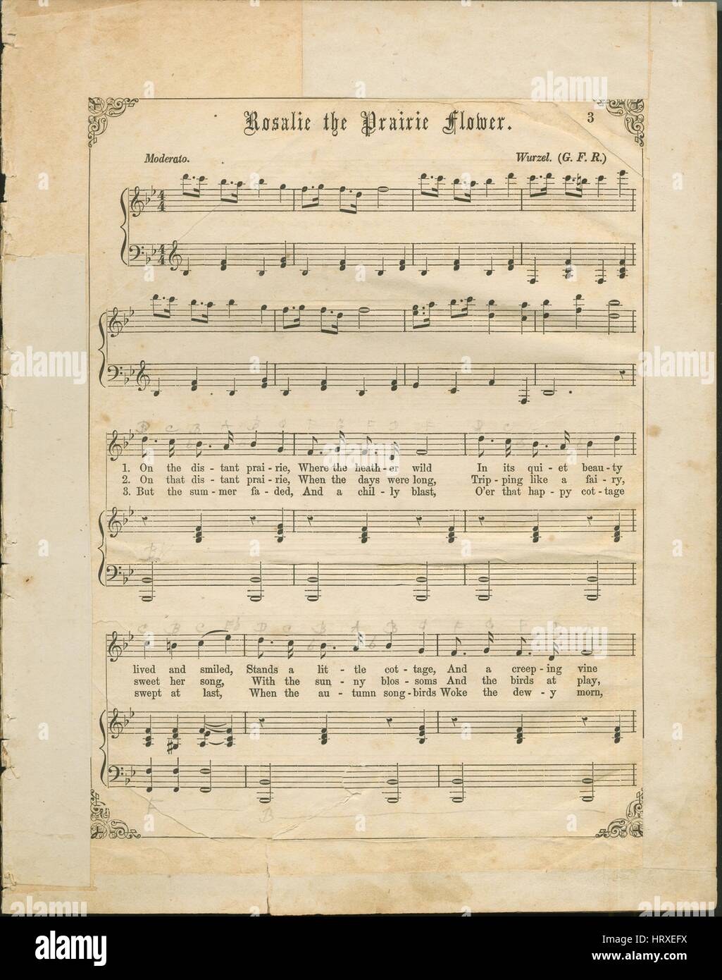 Sheet music cover image of the song 'Rosalie the Prairie Flower', with original authorship notes reading 'Wurzel (GFR)', 1900. The publisher is listed as '[Russell and Tolman]', the form of composition is 'strophic with chorus', the instrumentation is 'piano and voice (solo and satb chorus)', the first line reads 'On the distant prairie, where the heather wild in its quiet beauty lived and smiled', and the illustration artist is listed as 'None'. Stock Photo