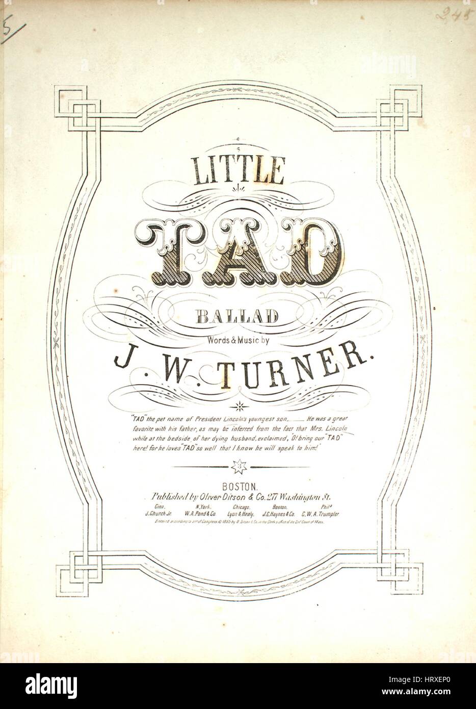 Sheet music cover image of the song 'Little Tad Ballad', with original authorship notes reading 'Words and Music by JW Turner', United States, 1865. The publisher is listed as 'Oliver Ditson and Co., 277 Washington St.', the form of composition is 'strophic', the instrumentation is 'piano and voice', the first line reads 'God bless the little orphan boy! A father's darling pride', and the illustration artist is listed as 'None'. Stock Photo