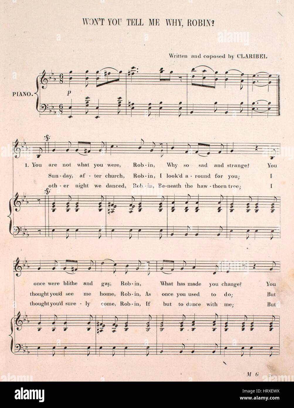 Sheet music cover image of the song 'English Songs for Voice and Piano  Won't You Tell Me Why, Robin', with original authorship notes reading  'Written Coposed [sic] by Claribel', United States, 1900.