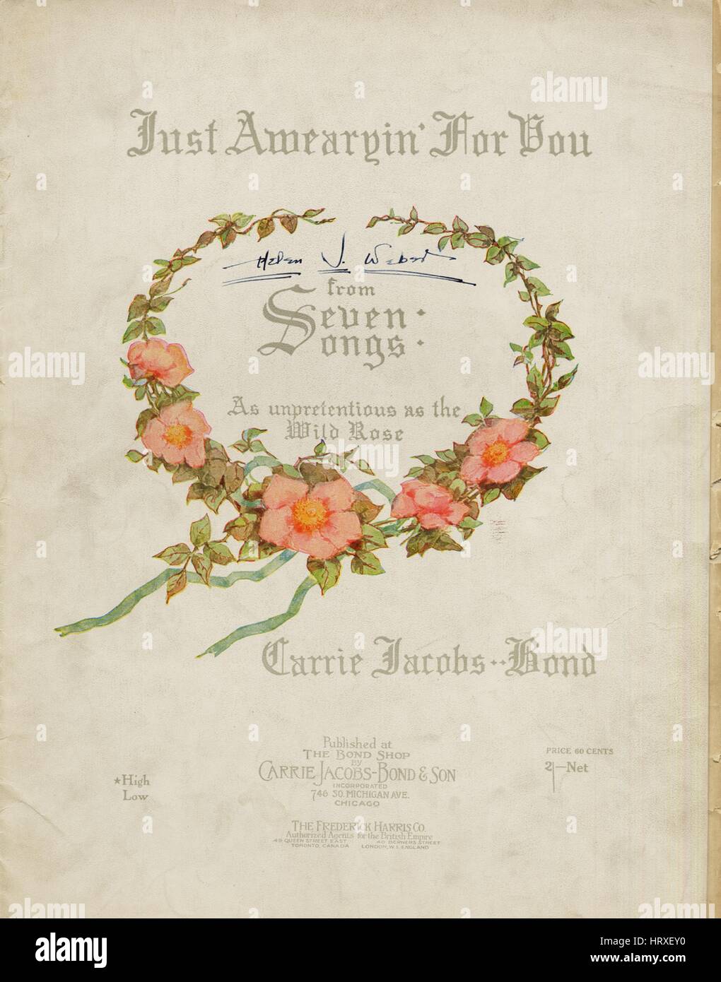 Sheet music cover image of the song 'Just A-wearyin' For You From Seven Songs As unpretentious as the Wild Rose', with original authorship notes reading 'Carrie Jacobs-Bond', United States, 1901. The publisher is listed as 'The Bond Shop by Carrie Jacobs-Bond, 746 So. Michigan Ave.', the form of composition is 'strophic (accompaniment varied on second verse)', the instrumentation is 'piano and voice', the first line reads 'Just a-wearyin' for you, all the time feelin' blue', and the illustration artist is listed as 'None'. Stock Photo