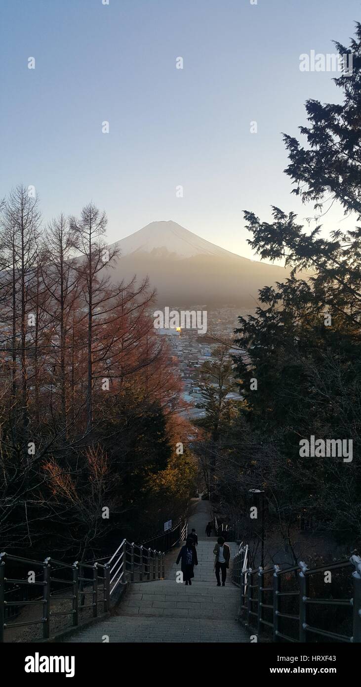 View of Mount Fuji at sunset from Chureito Pagoda in Fujiyoshida, Yamanashi after climbing 400 steps. Stock Photo