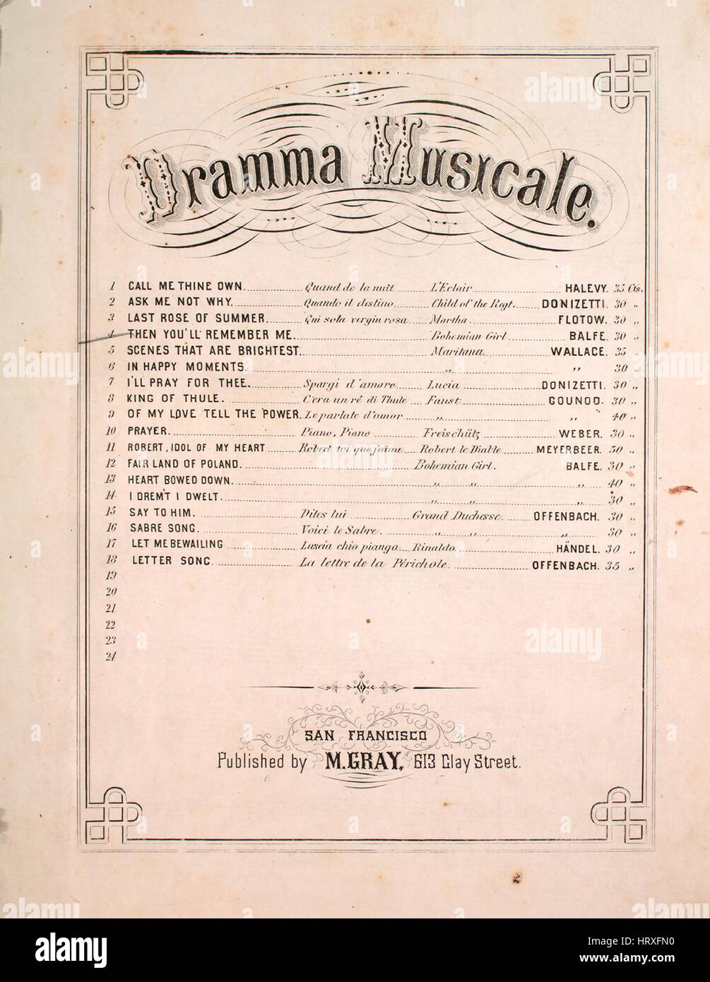 Sheet music cover image of the song 'Dramma Musicale No 4 Then You'll Remember Me Ballad in the Opera The Bohemian Girl', with original authorship notes reading 'Composed by MW Balfe', United States, 1900. The publisher is listed as 'M. Gray, 613 Clay Street', the form of composition is 'strophic', the instrumentation is 'piano and voice', the first line reads 'When other lips and other hearts their tales of love shall tell', and the illustration artist is listed as 'None'. Stock Photo