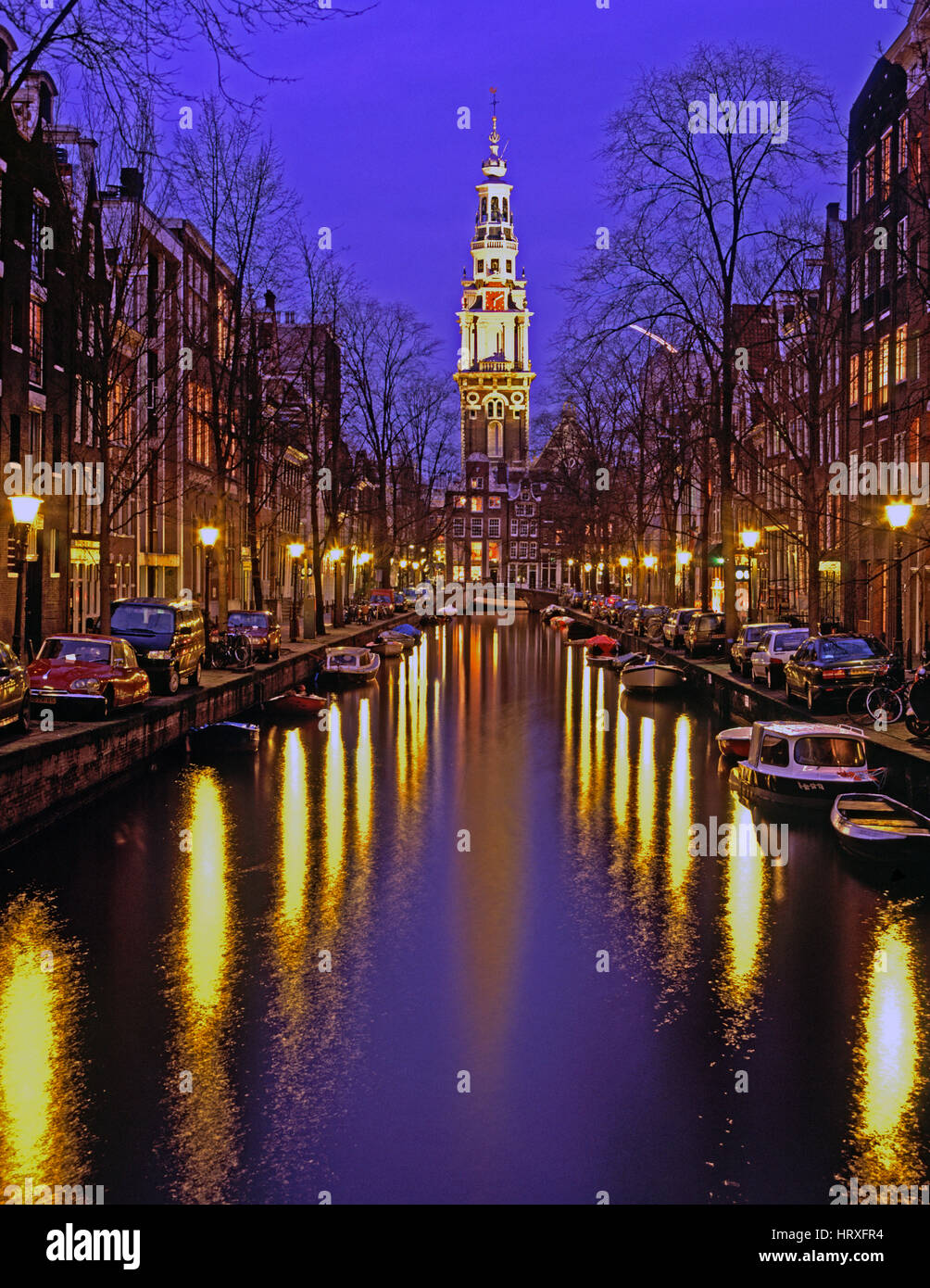 Groenburgwal and Zuiderkerk at dusk, Amsterdam, Holland, Netherlands. Stock Photo
