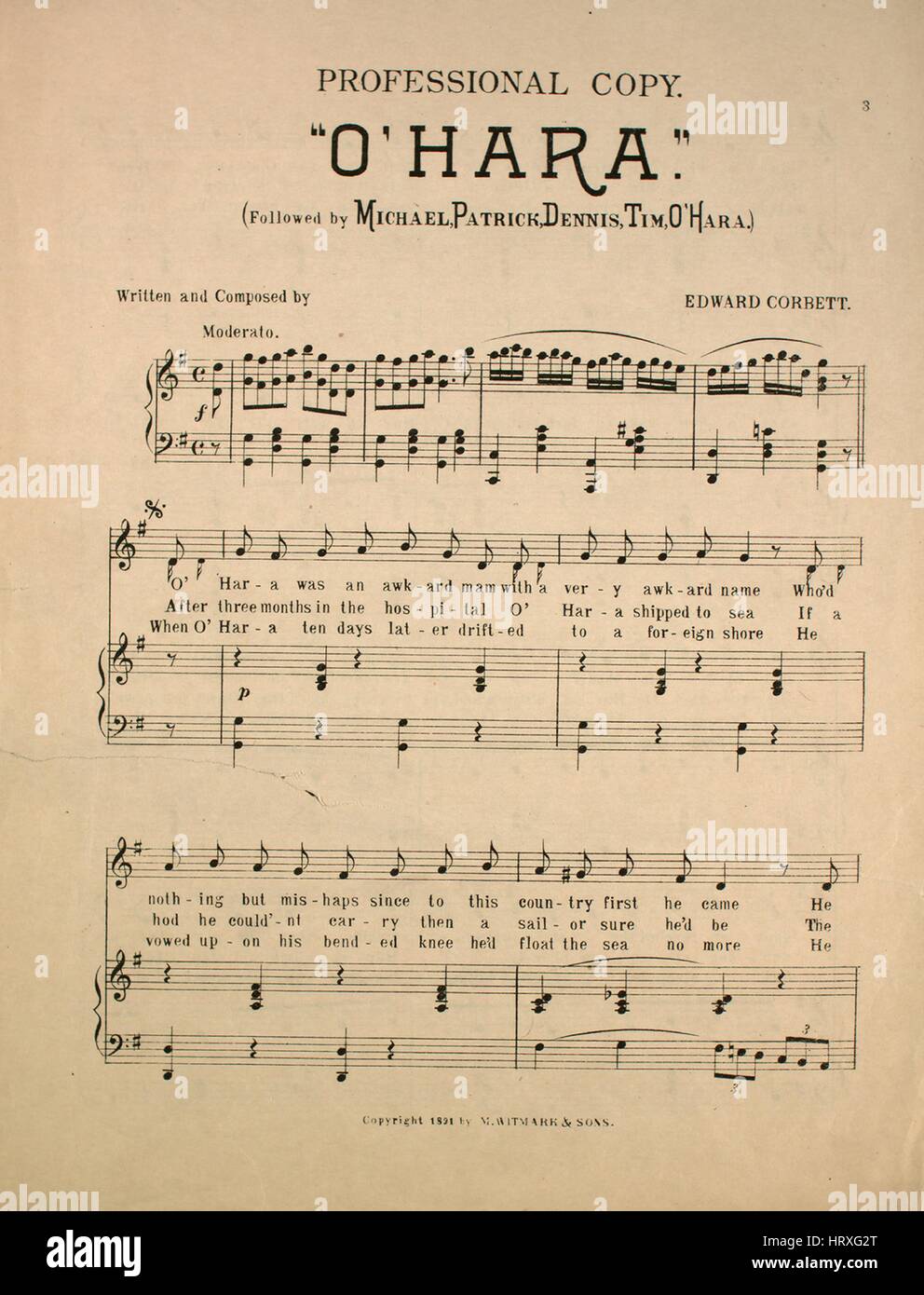 Sheet Music Cover Image Of The Song Professional Copy O Hara Followed By Michael Patrick Dennis Tim O Hara With Original Authorship Notes Reading Written And Composed By Edward Corbett 1891 The Publisher Is