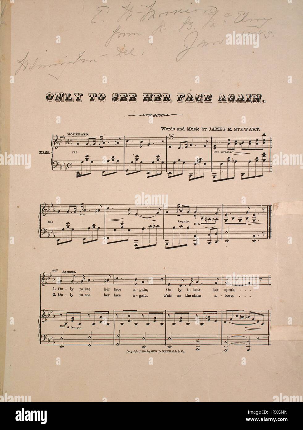 Sheet music cover image of the song 'Only To See Her Face Again', with original authorship notes reading 'Words and Music by James E Stewart', United States, 1880. The publisher is listed as 'Geo. D. Newhall and Co.]', the form of composition is 'strophic with chorus', the instrumentation is 'piano and voice (solo and satb chorus)', the first line reads 'Only to see her face again, only to hear her speak', and the illustration artist is listed as 'None'. Stock Photo