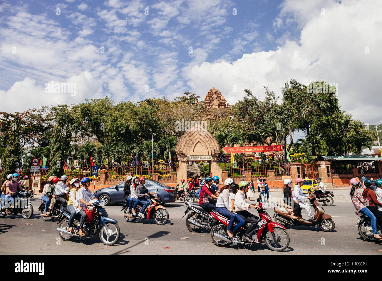 Nha Trang, VIETNAM - CIRCA February 2015 - vietnamese traffic on lunar New Year festival in Pagoda Po Nagar in Nha Trang Stock Photo