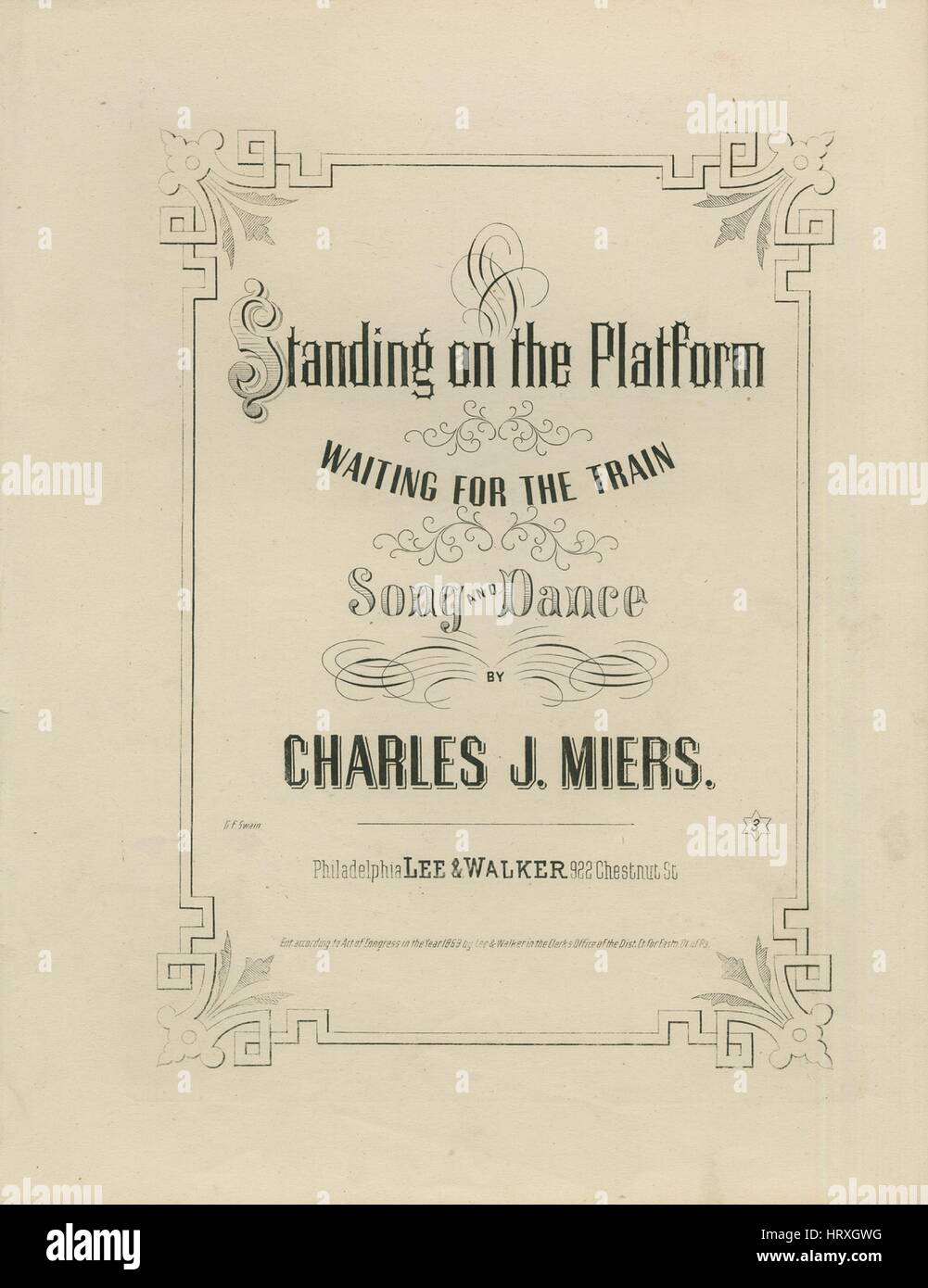 Sheet music cover image of the song 'Standing on the Platform Waiting for the Train Song and Dance', with original authorship notes reading 'Words and Music By Charles J Miers', United States, 1869. The publisher is listed as 'Lee and Walker, 922 Chestnut St.', the form of composition is 'strophic with chorus', the instrumentation is 'piano and voice', the first line reads 'Going down to Long Branch one fine day I chanced to miss the train', and the illustration artist is listed as 'G.F. Swain'. Stock Photo