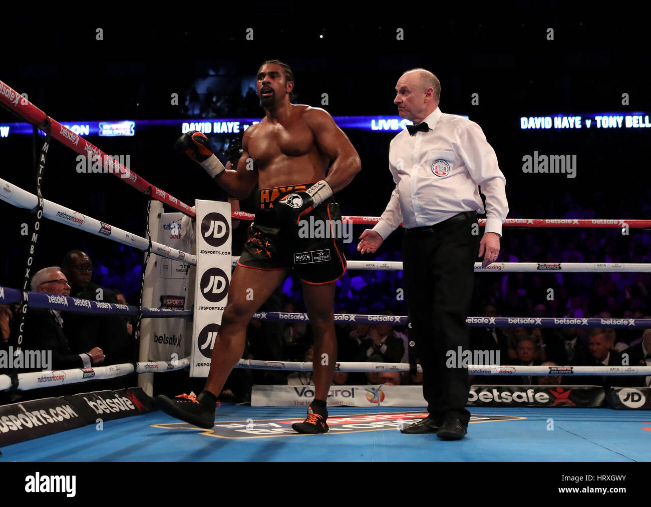 David Haye is watched by referee Phil Edwards during the heavyweight contest at The O2. PRESS ASSOCIATION Photo. Picture date: Saturday March 4, 2017. See PA story BOXING London. Photo credit should read: Nick Potts/PA Wire Stock Photo