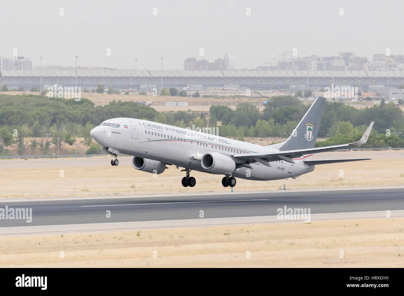 Plane Boeing 737, of Ceiba Intercontinental airline, is taking off from Madrid Barajas, Adolfo