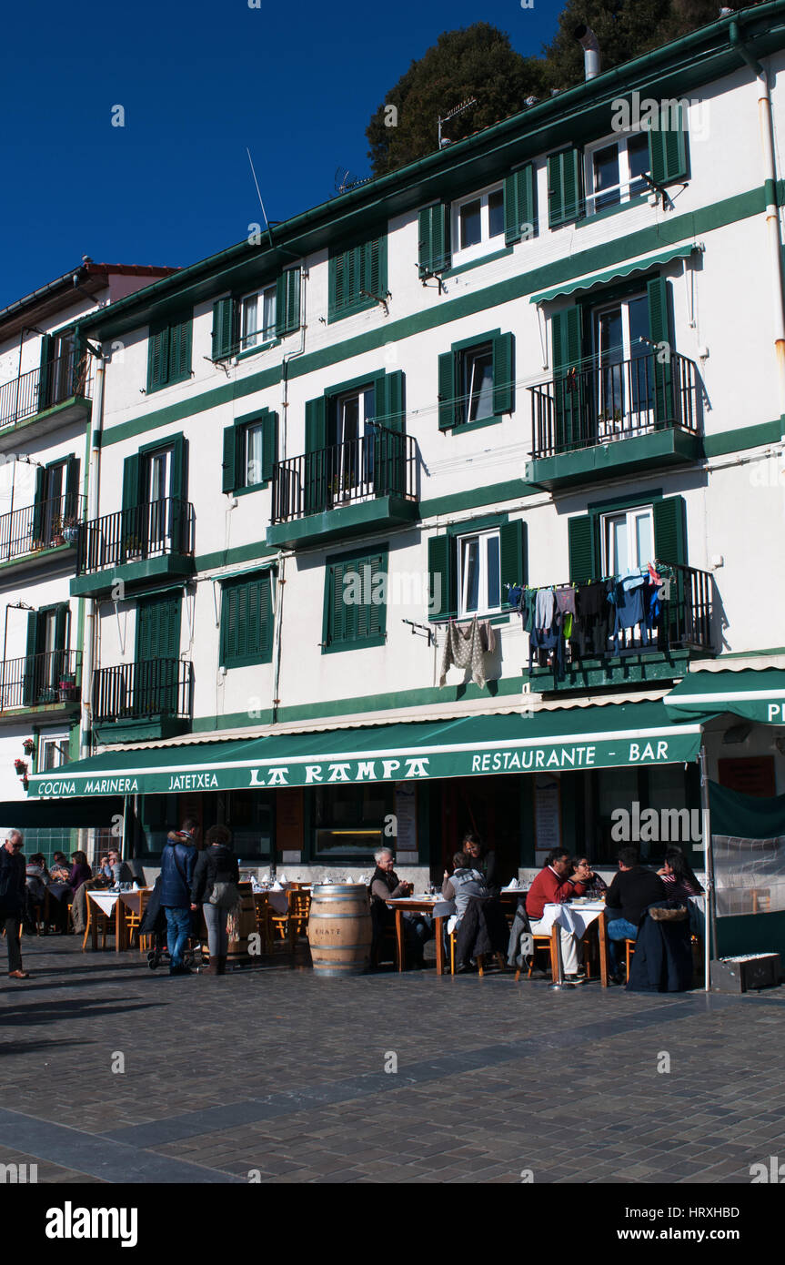 Donostia-San Sebastian: view of the palaces and a restaurant on the seafront of the Parte Vieja, the Old Town and the original nucleus of the city Stock Photo