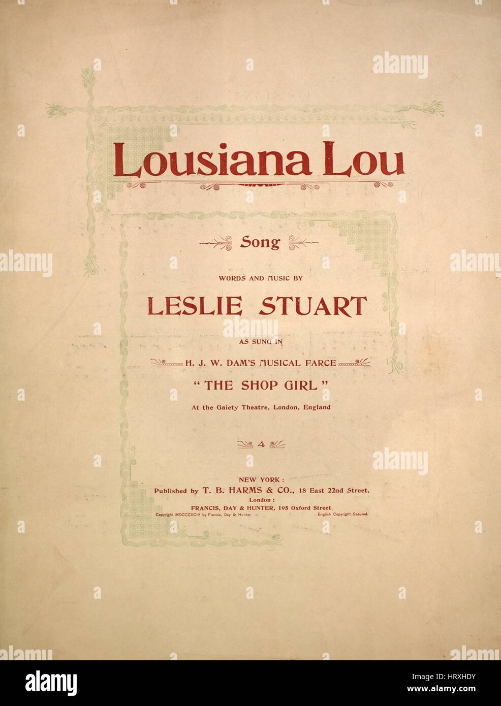 Sheet music cover image of the song 'Louisiana Lou Song', with original authorship notes reading 'Words and Music by Leslie Stuart', United States, 1894. The publisher is listed as 'T.B. Harms and Co., 18 East 22nd Street', the form of composition is 'strophic with chorus', the instrumentation is 'piano and voice', the first line reads 'I lub a gal, s'pose she lubs me too, anyhow she say she do', and the illustration artist is listed as 'Hounslow, N.Y.'. Stock Photo