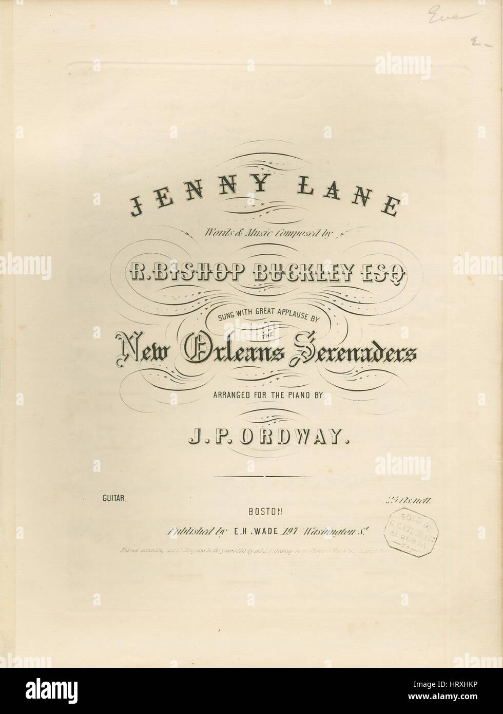 Sheet music cover image of the song 'Jenny Lane', with original authorship notes reading 'Words and Music Composed by R Bishop Buckley, Esq; Arranged for the Piano By JP Ordway', United States, 1850. The publisher is listed as 'E.H. Wade, 197 Washington St.', the form of composition is 'strophic with chorus', the instrumentation is 'piano and voice', the first line reads 'When I was young and in my prime, I lov'd sweet Jenny Lane', and the illustration artist is listed as 'None'. Stock Photo