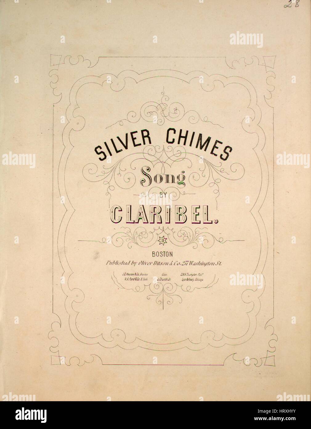Sheet music cover image of the song 'Silver Chimes Song', with original authorship notes reading 'by Claribel', United States, 1900. The publisher is listed as 'Oliver Ditson and Co., 277 Washington St.', the form of composition is 'strophic', the instrumentation is 'piano and voice', the first line reads 'They are chiming gaily now, as they chim'd so long ago', and the illustration artist is listed as 'None'. Stock Photo
