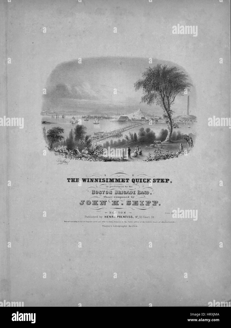 Sheet music cover image of the song 'The Winnisimmet Quick Step', with original authorship notes reading 'Music composed by John H Seipp', United States, 1840. The publisher is listed as 'Henry Prentiss, No.33 Court St.', the form of composition is 'da capo', the instrumentation is 'piano', the first line reads 'None', and the illustration artist is listed as 'Thayer's Lithography, Boston; Bufford [del.]'. Stock Photo