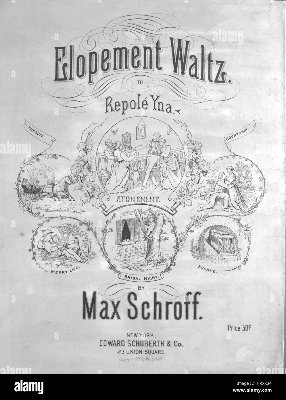 Sheet music cover image of the song 'Elopement Waltz to Repole Yna Introduction (Courtship); (1) Escape; (2) Bridal Night; (3) Merry Life; (4) Pursuit; (5) Finale (Atonement)', with original authorship notes reading 'By Max Schroff', United States, 1885. The publisher is listed as 'Edward Schuberth and Co., 23 Union Square', the form of composition is 'sectional', the instrumentation is 'piano', the first line reads 'None', and the illustration artist is listed as 'None'. Stock Photo