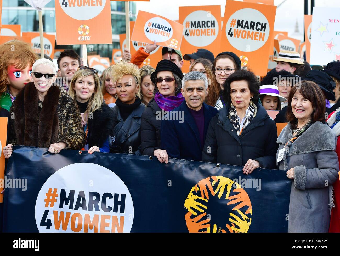 Annie Lennox, Emeli sande, Mayor of London Sadiq Khan and Bianca Jagger, at the start of the March4Women event in London, ahead of International Women's Day. Stock Photo