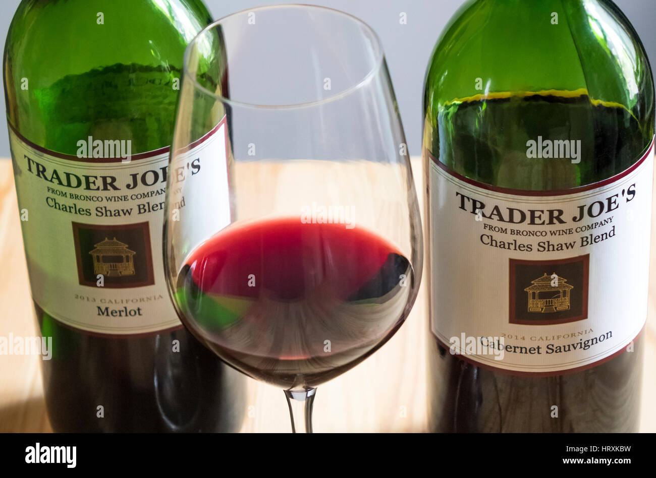 Inexpensive red wines from Trader Joe's Stock Photo