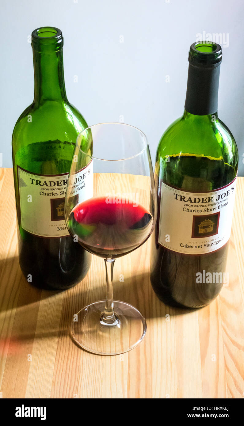 Inexpensive red wines from Trader Joe's Stock Photo