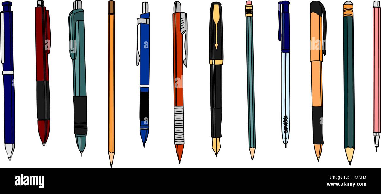 set of colored pencils and pens. Isolated on white Stock Vector Image