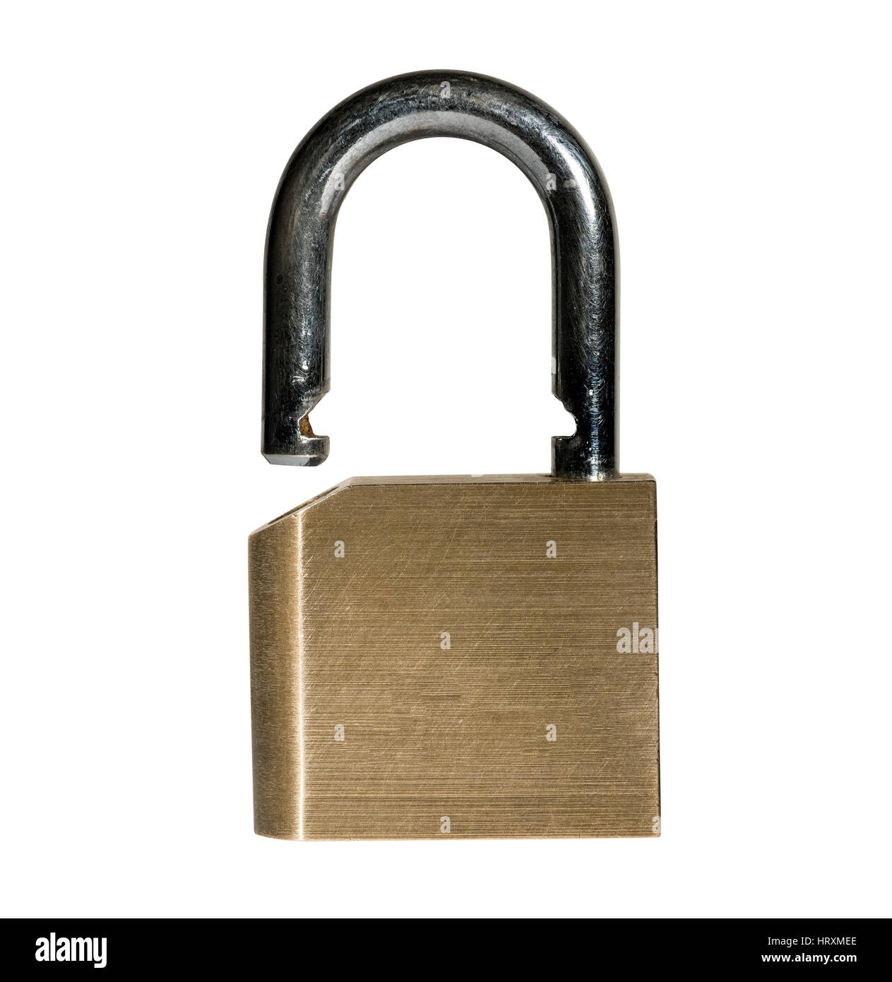 Close shot of a solid brass padlock with hardened hasp with path and isolated against white background Stock Photo