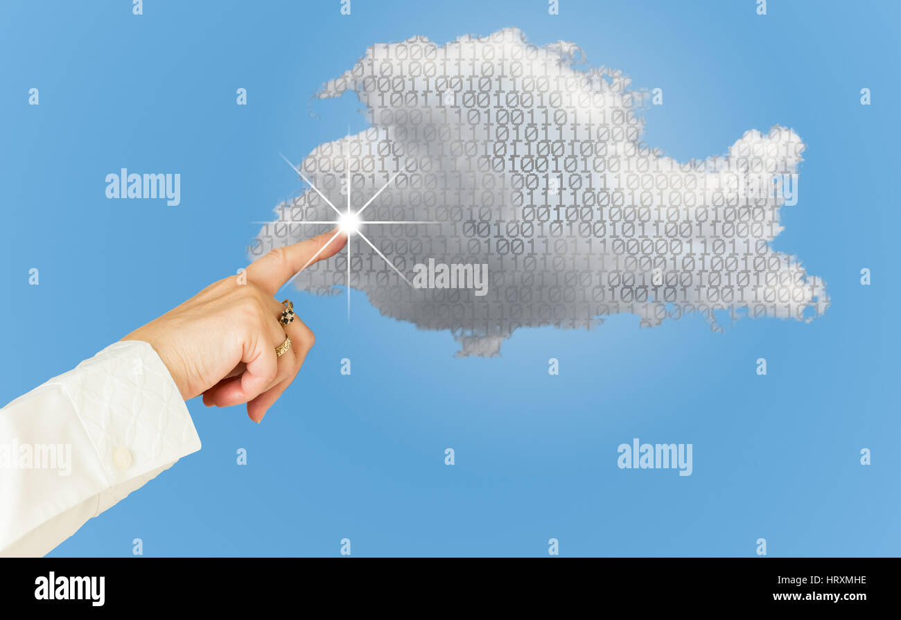 Concept image for cloud computing and online applications showing bits inside web services platform and a female hand pointing to the cloud Stock Photo