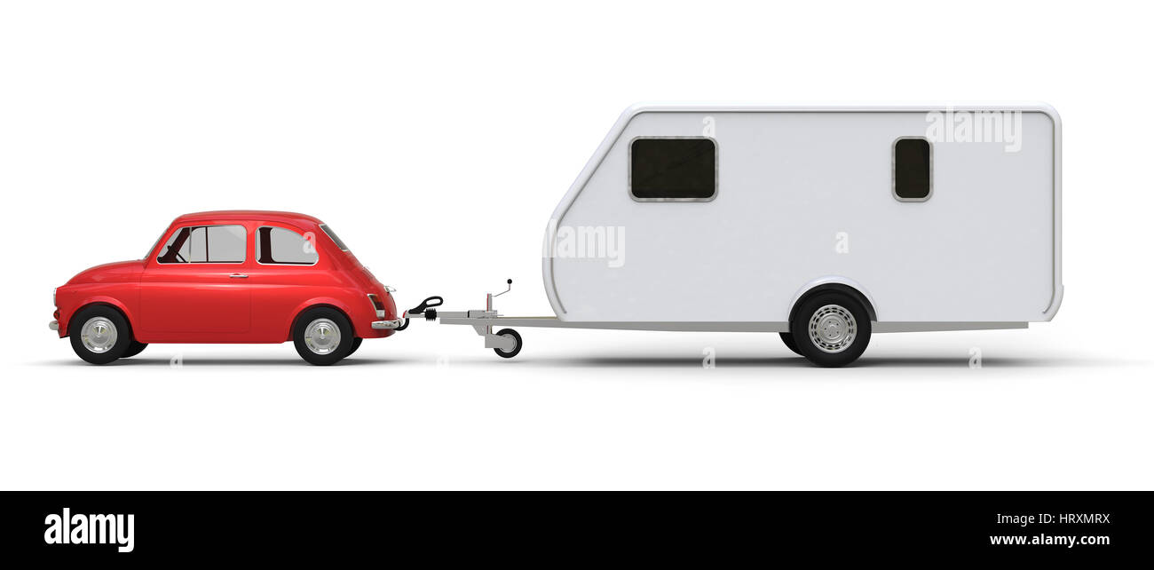Little red car with caravan vacation traveling on white background 3D rendering Stock Photo