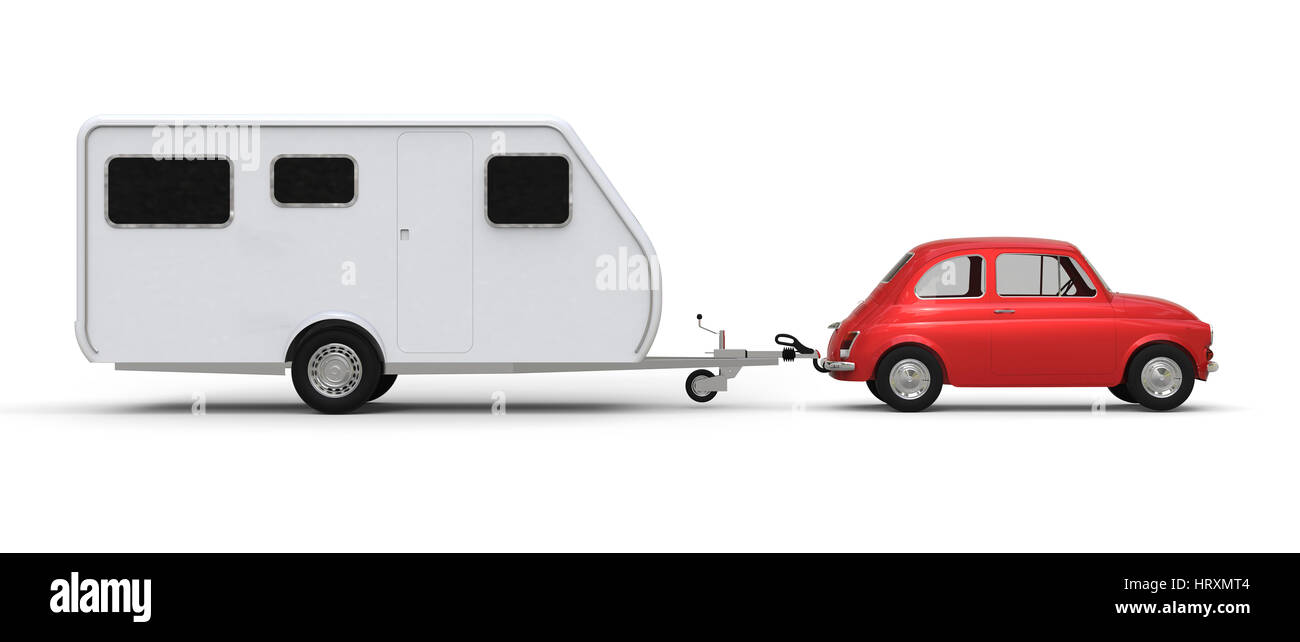 Little red car with caravan vacation traveling on white background 3D rendering Stock Photo