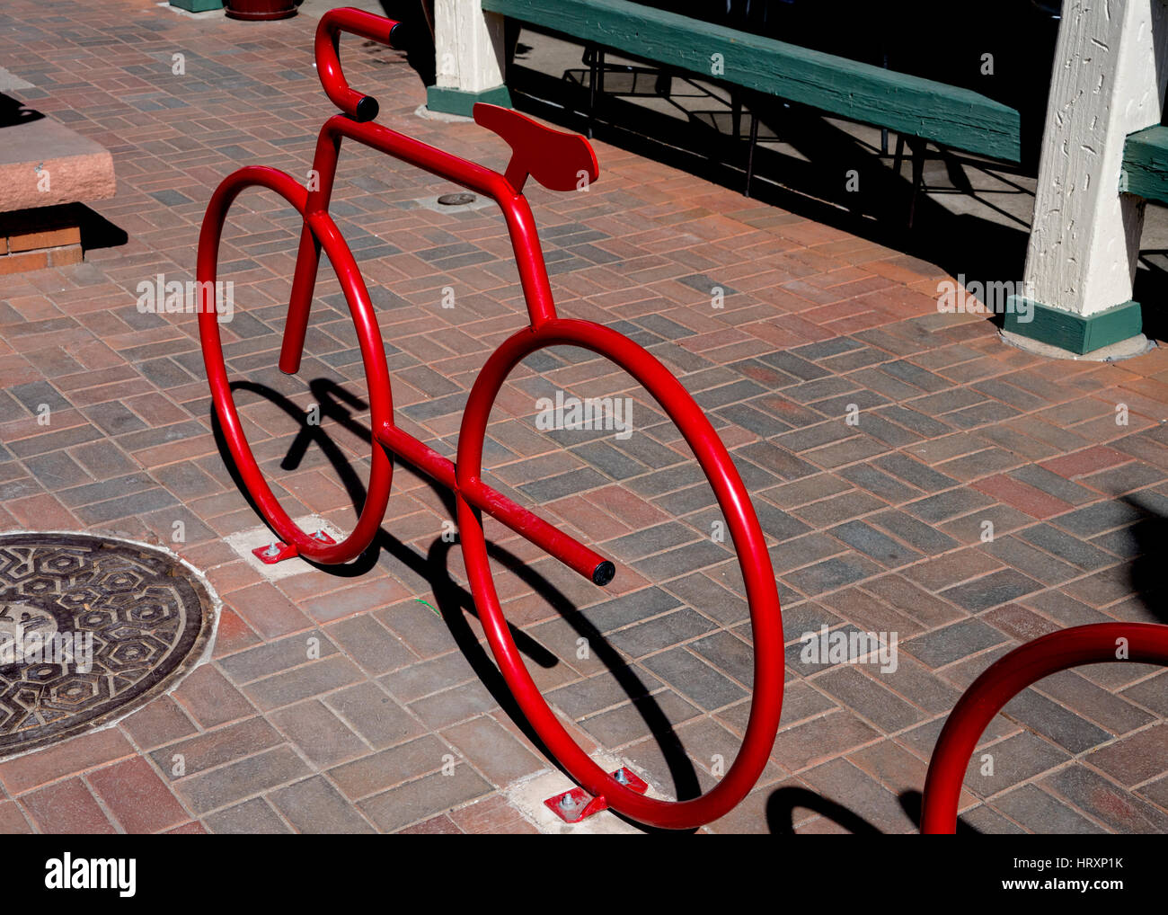 Red bicycle stand in Golden Colorado Stock Photo