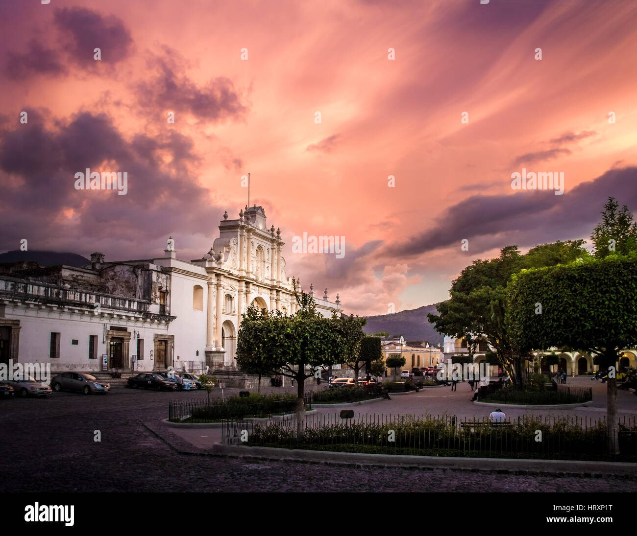 Sunset at Parque Central - Antigua, Guatemala Stock Photo