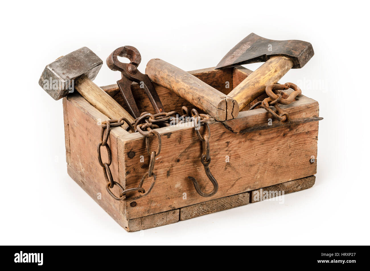 Old wooden toolbox on white background Stock Photo