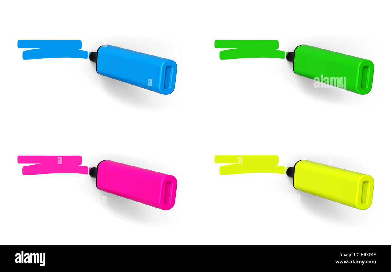 Collection of colored highlighters with markings isolated on white background 3D rendering Stock Photo