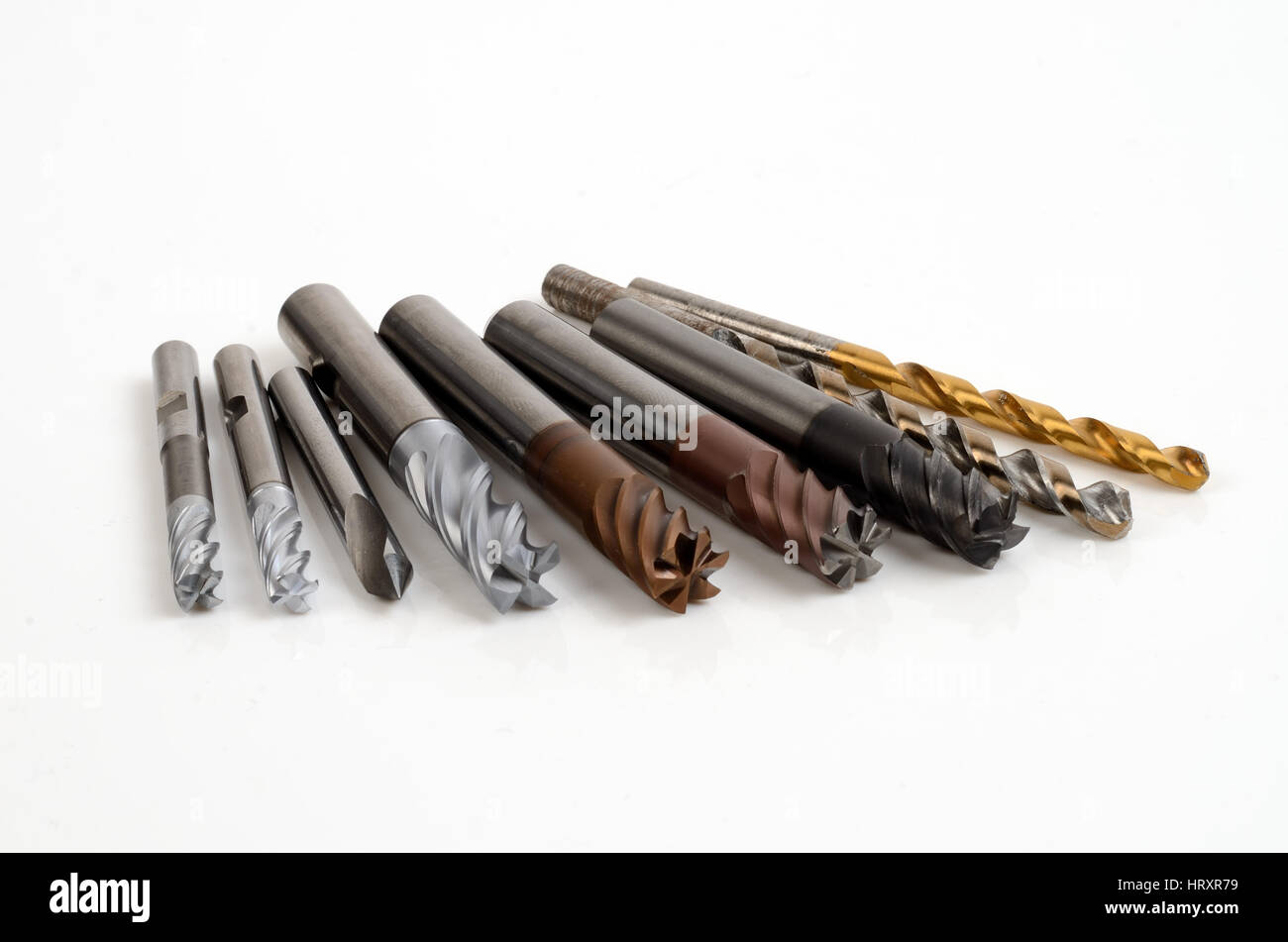 Metal milling tools for cnc machine on white background Stock Photo