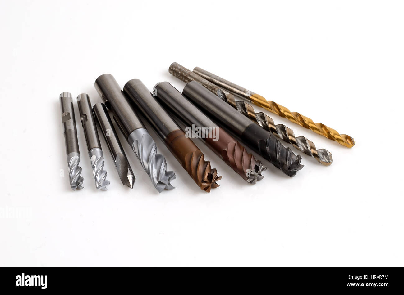 Metal milling tools for cnc machine on white background Stock Photo