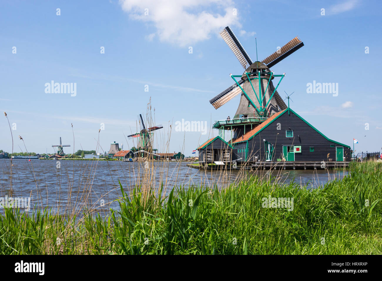 Dutch windmills at Zaanse Shans near Amsterdam in The Netherlands Stock Photo