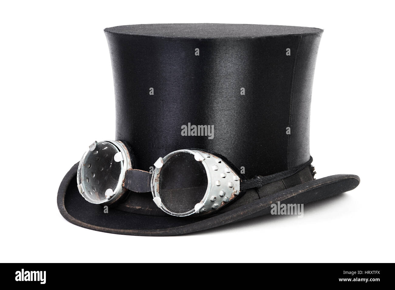 Black top hat with goggles isolated on white background Stock Photo Alamy