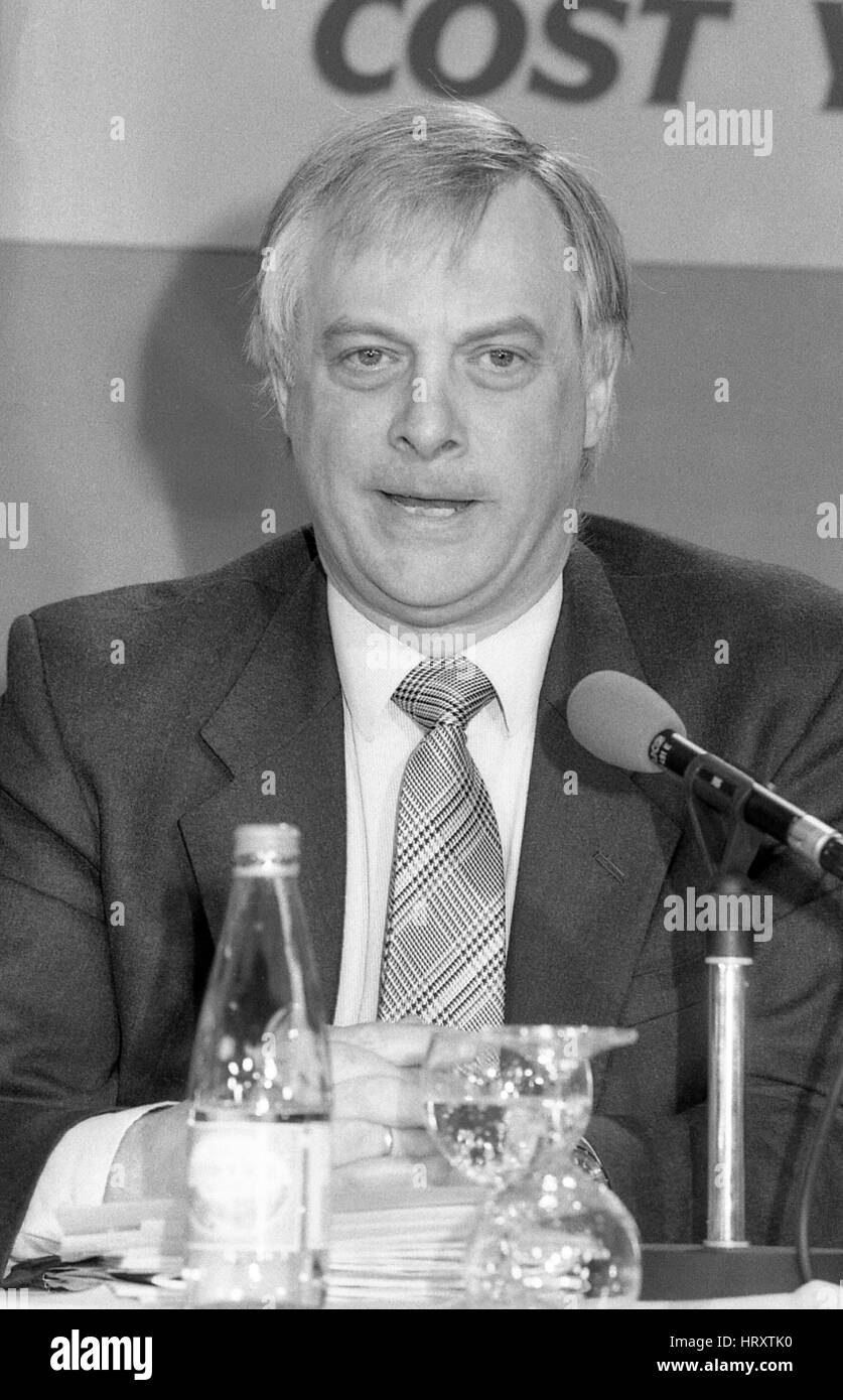 Rt. Hon. Christopher Patten, Chairman of the Conservative party, attends a press conference in London, England on April 10, 1991. He later became the last Governor of Hong Kong. Stock Photo