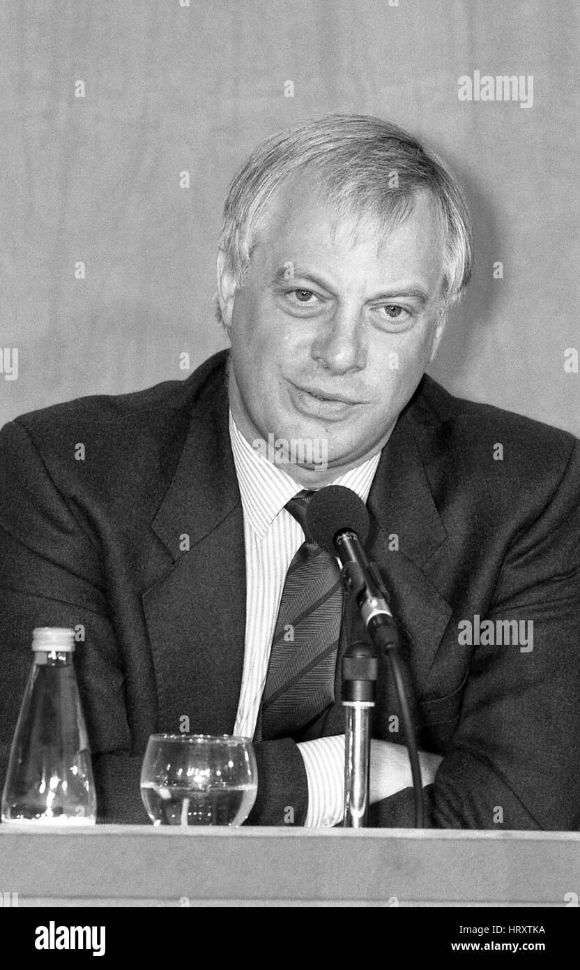 Rt. Hon. Christopher Patten, Chairman of the Conservative party, attends a press conference in London, England on July 30, 1991. He later became the last Governor of Hong Kong. Stock Photo