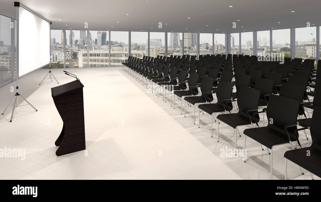 Empty conference hall with podium and presentation screens 3D rendering