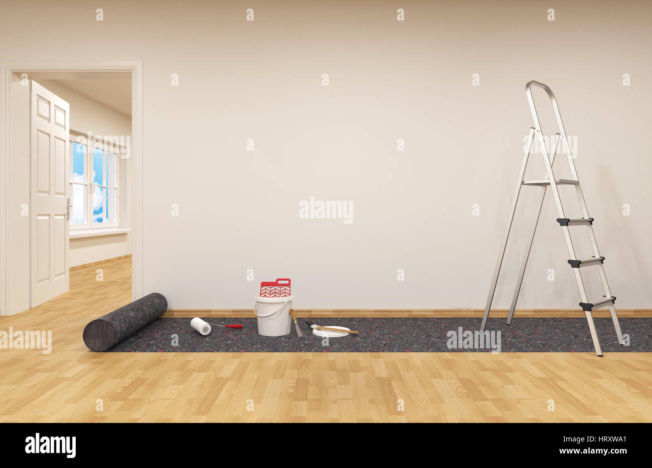 Painting a wall. Paint can with roller brush and Ladder Stock Photo Alamy