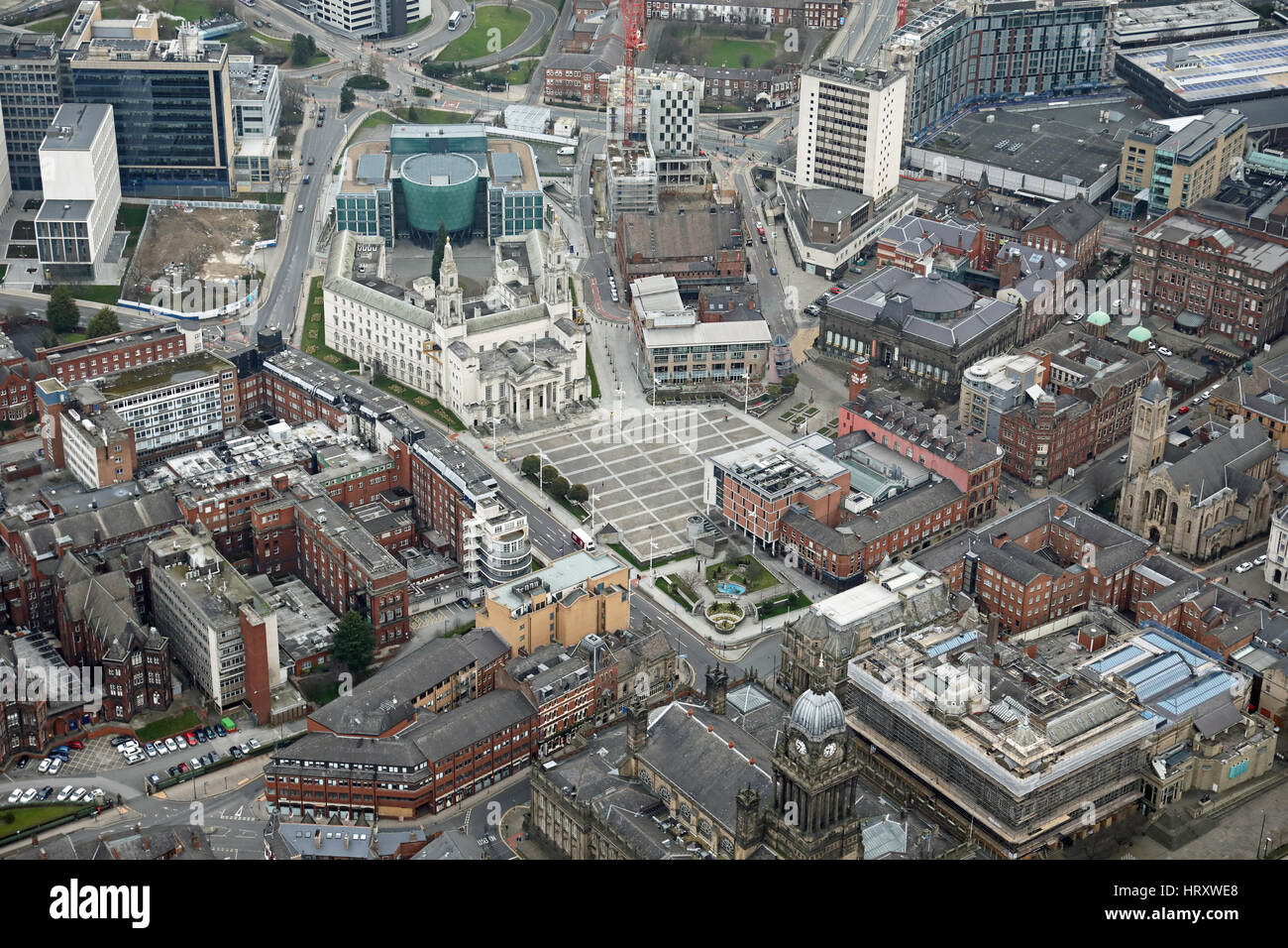 aerial view of Leeds Millennium Square & Civic Centre, West Yorkshire, UK Stock Photo