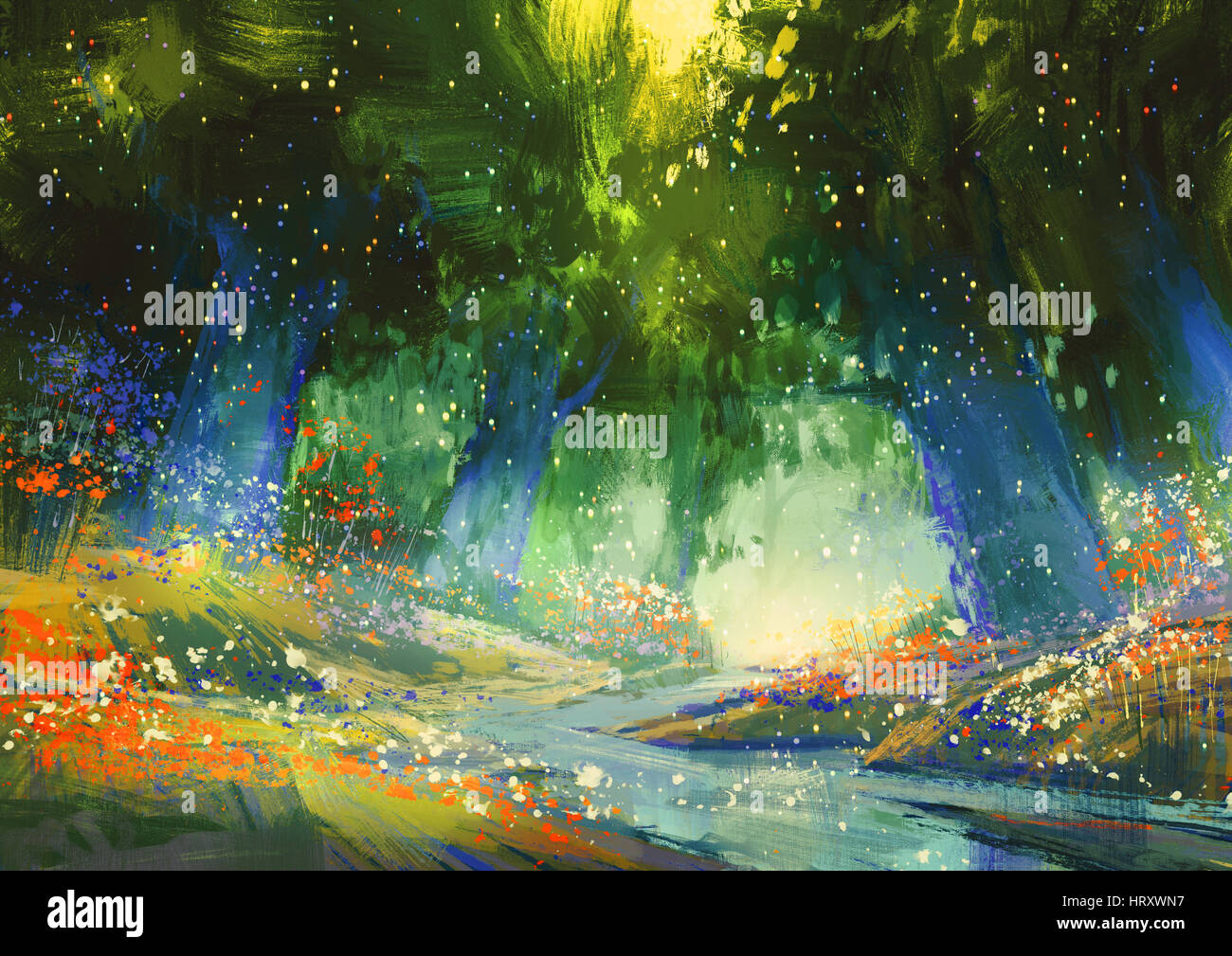 mystic blue and green forest with a fantasy atmosphere,illustration painting Stock Photo