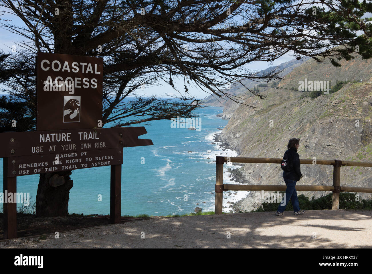 Coastal Access sign leading to the nature trail that leads you to the beach below at Ragged point central California  the gateway to Big Sur Stock Photo