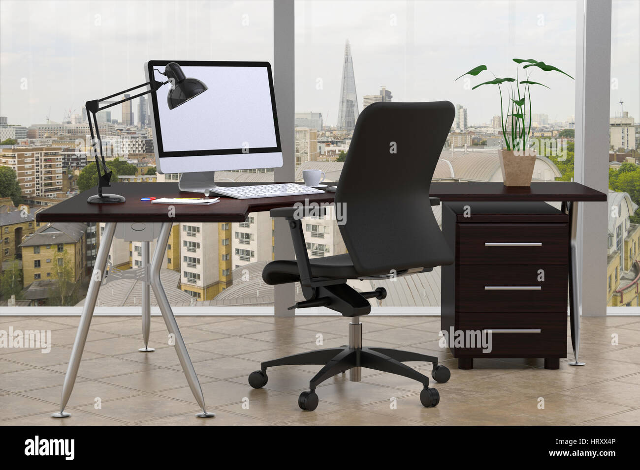 Office desk with computer and city view 3D rendering Stock Photo - Alamy