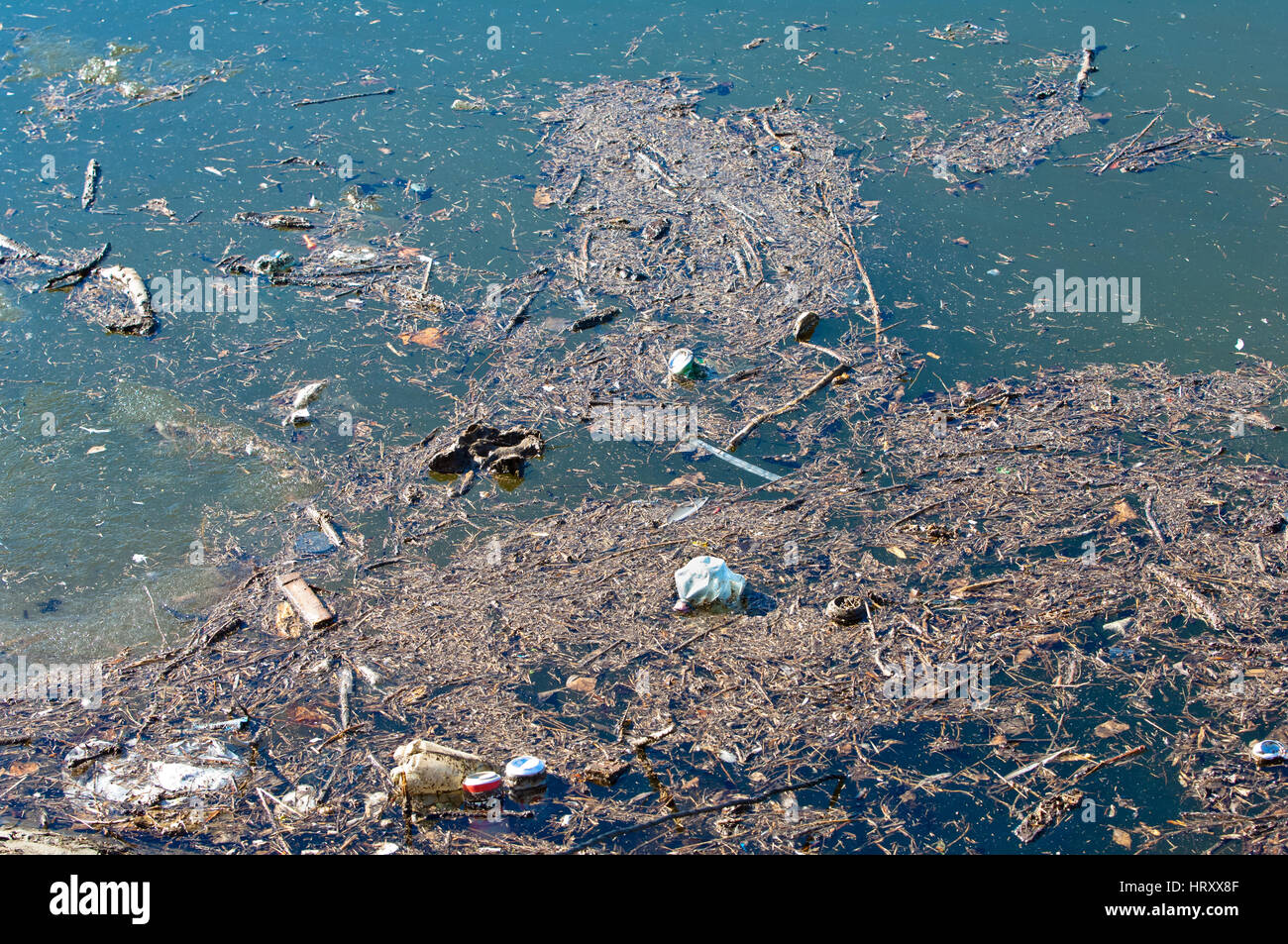 Waste, trash and garbage floated on a polluted river Stock Photo